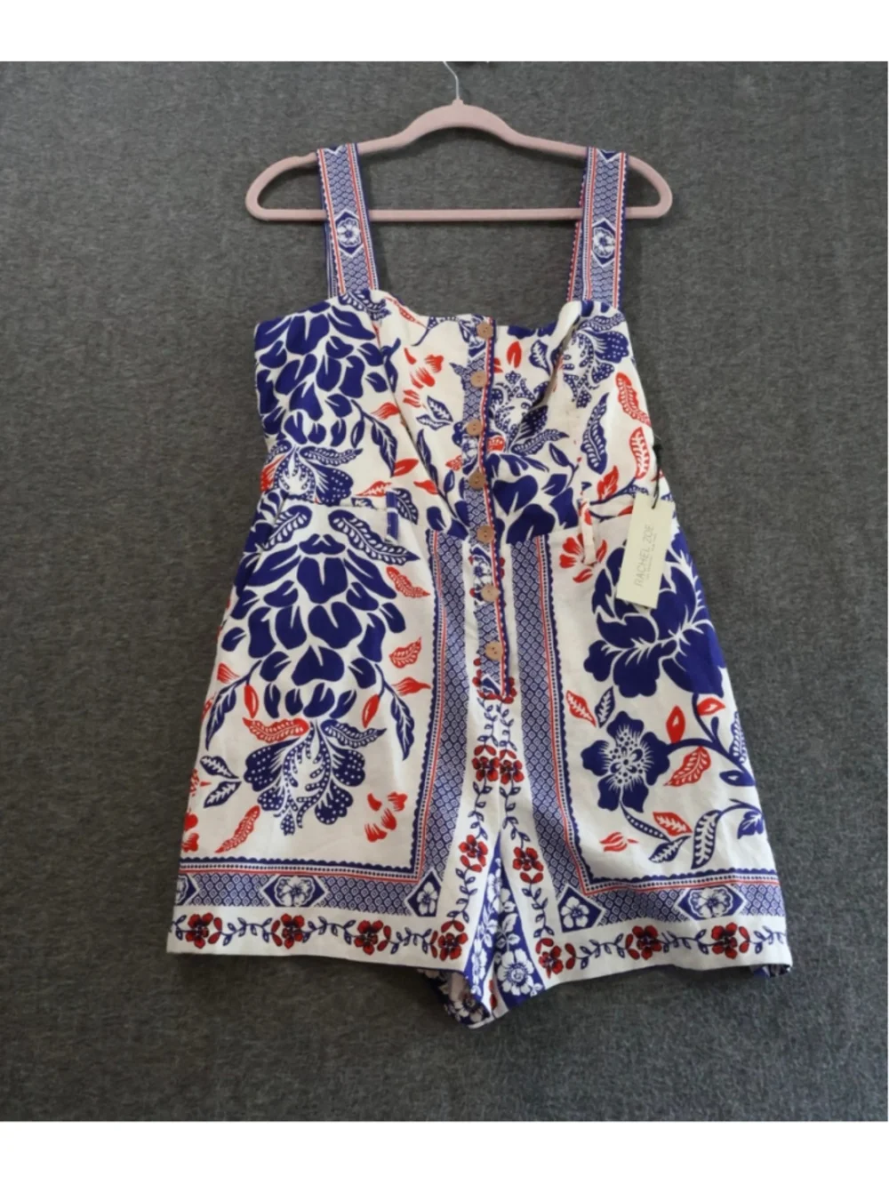 Rachel Zoe Floral Romper Size 12 Blue White Red Smocked Linen Blend NWT - Picture 5 of 6